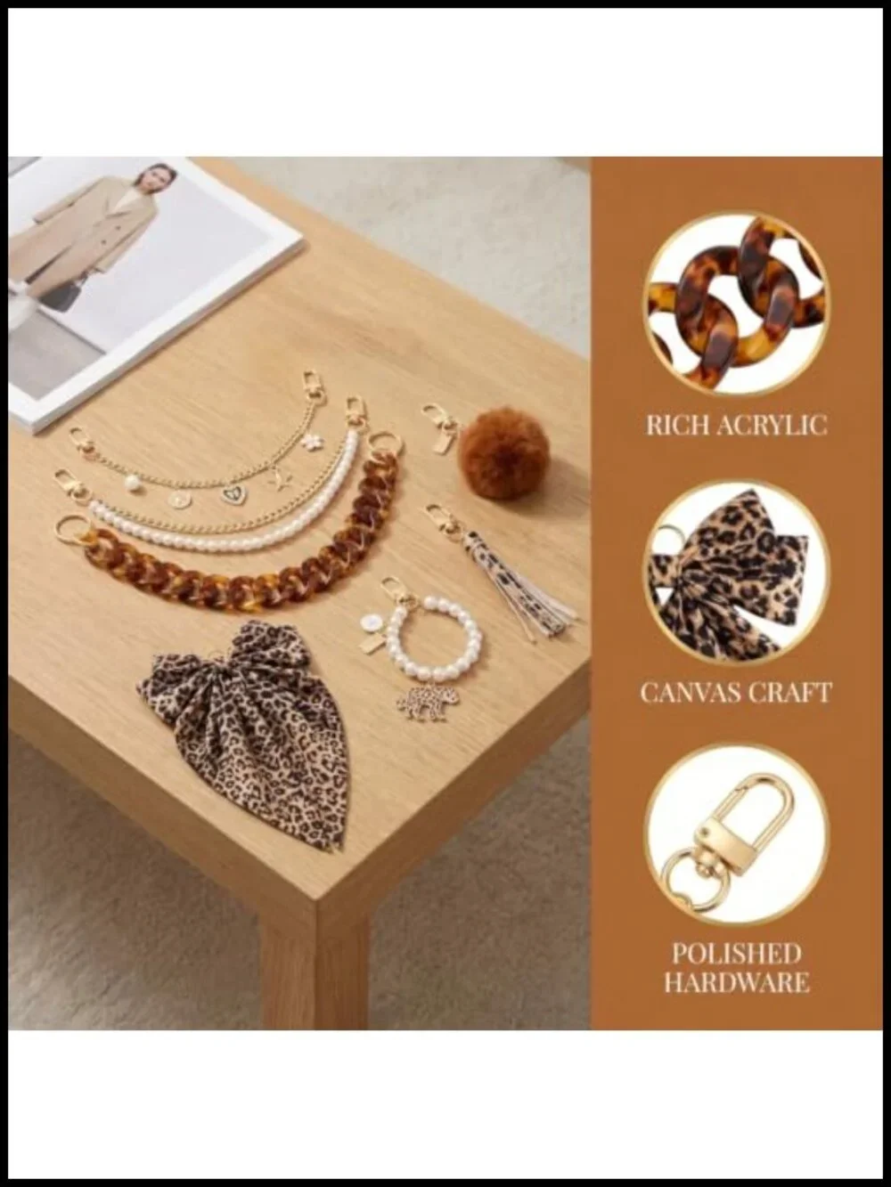 7 Piece Tote Bag Charm Set - Leopard Cheetah Bag Charms with Bow, Pearl, Pom
